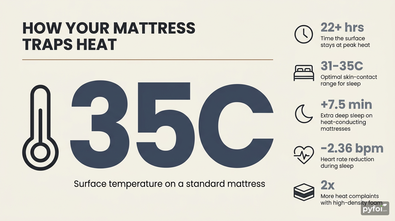 Six stat badges on a warm ivory background showing mattress surface temperature, heat retention duration, optimal sleep range, deep sleep gain, heart rate drop, and foam density complaints