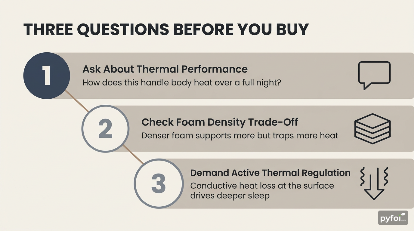 Three numbered info cards on a warm background listing mattress shopping questions about thermal performance, foam density trade-offs, and active thermal regulation