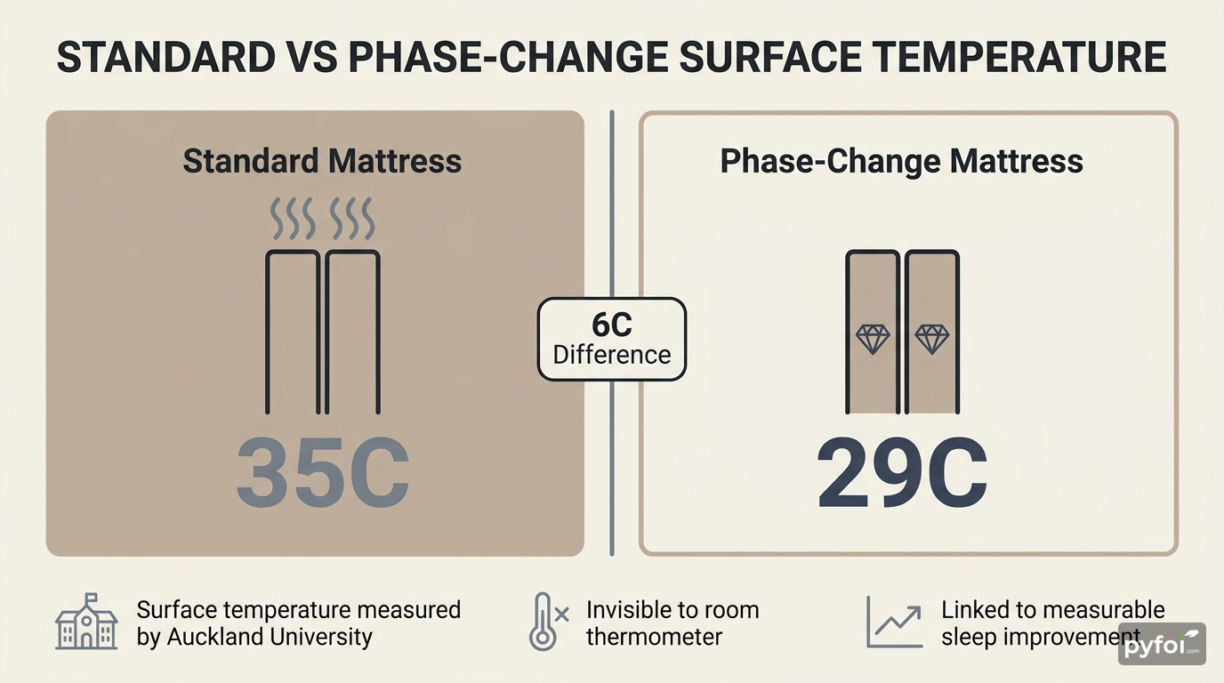 Two-column comparison infographic showing a standard mattress at 35 degrees alongside a phase-change mattress at 29 degrees with a six-degree difference highlighted