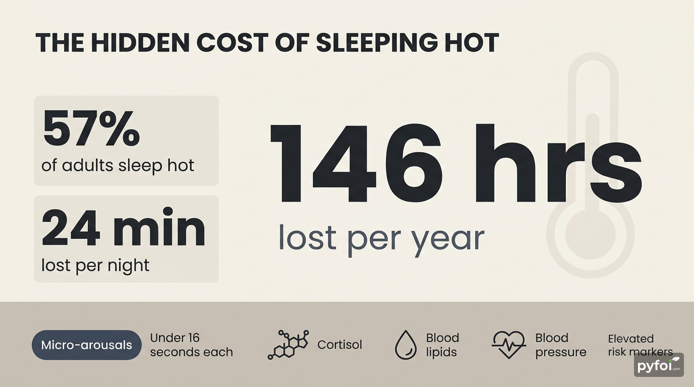 Stat badges infographic showing three large metrics for hot sleepers: 57 percent prevalence, 24 minutes lost nightly, and 146 hours lost yearly, with risk markers listed below