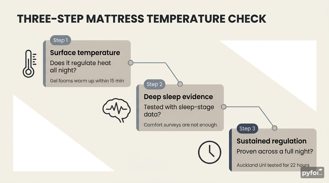 Three-step vertical process flow infographic with numbered steps for evaluating mattress temperature regulation, deep sleep evidence, and sustained performance