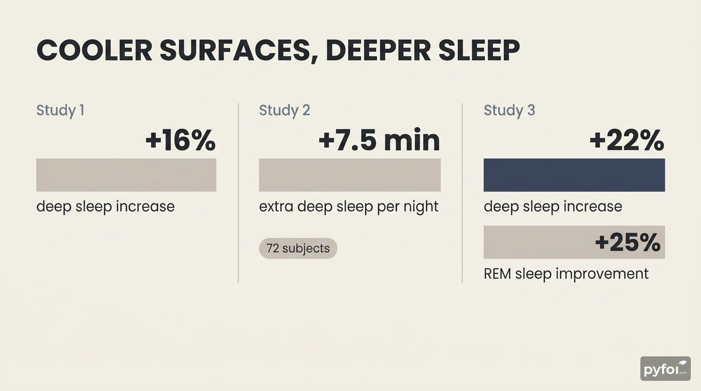 Horizontal data bar chart comparing deep sleep improvements across three clinical studies, showing 16 percent, 7.5 minutes, and 22 percent gains