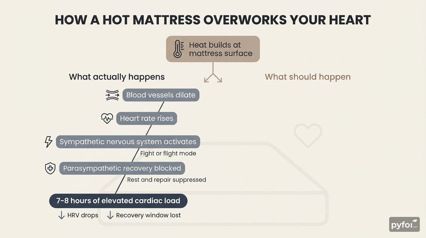Process-flow infographic showing two pathways from mattress heat buildup to either sympathetic activation or parasympathetic recovery during sleep