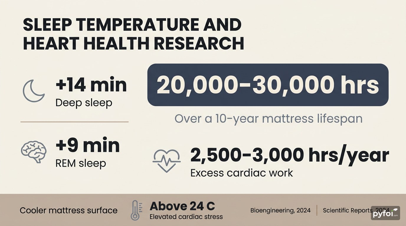 Stat-badge infographic displaying research findings on cooler mattress temperatures including extra deep sleep minutes, REM sleep gains, and cumulative cardiac load hours