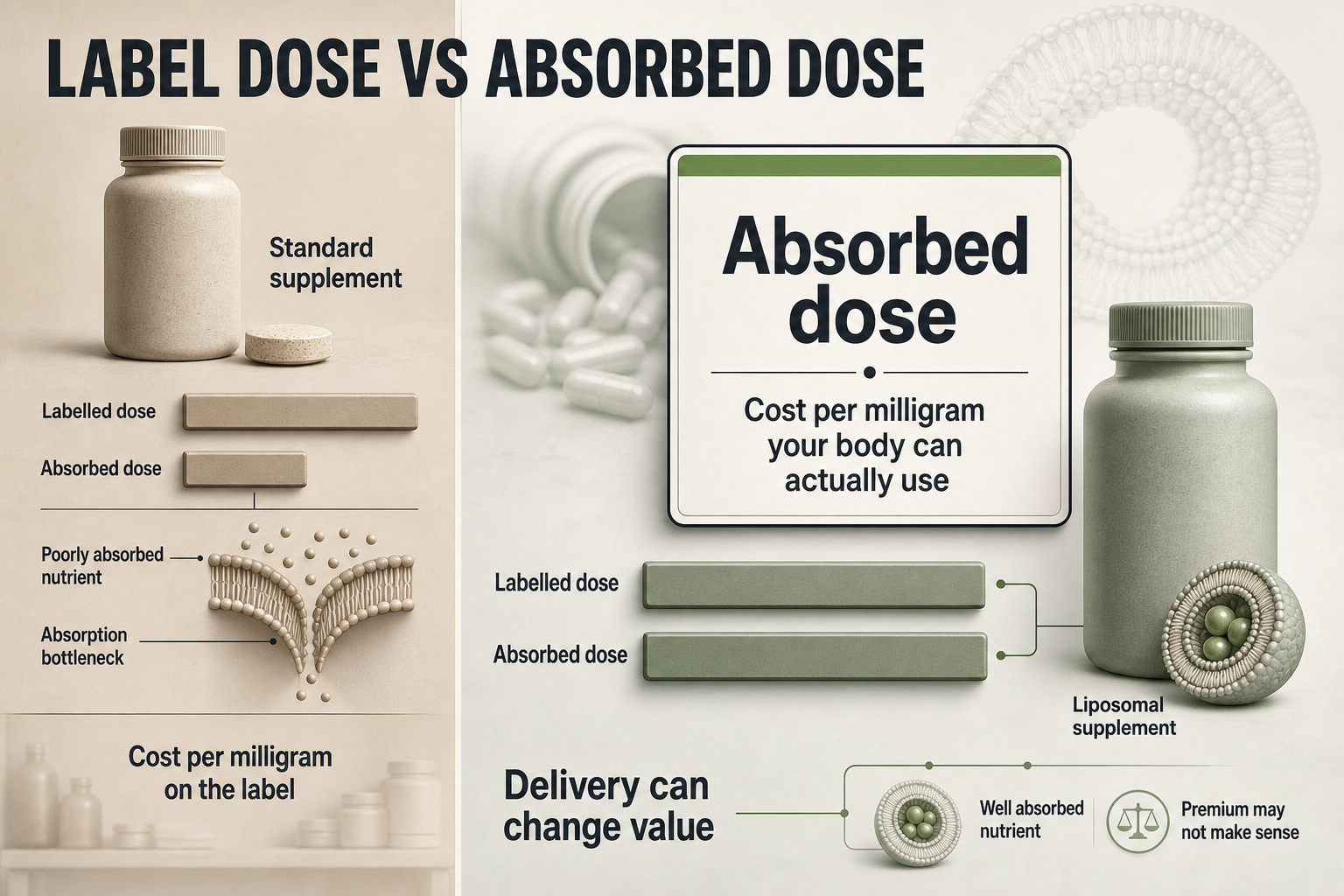 Split-view infographic with two supplement panels comparing labelled dose and absorbed dose, with cost labels and a highlighted absorption bottleneck callout.