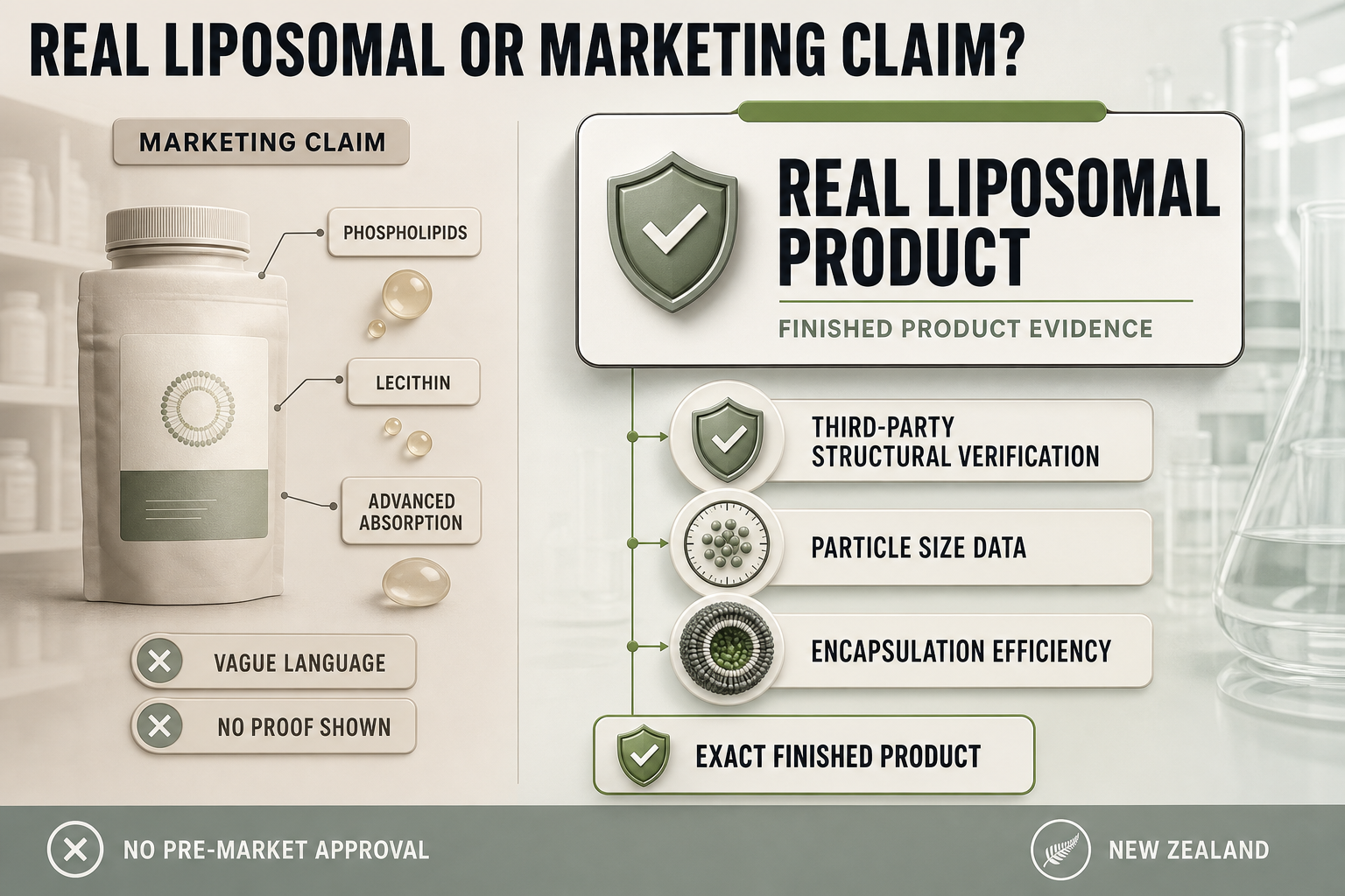 Two-column comparison infographic showing a verified liposomal product checklist on one side and vague marketing claim cues on the other.