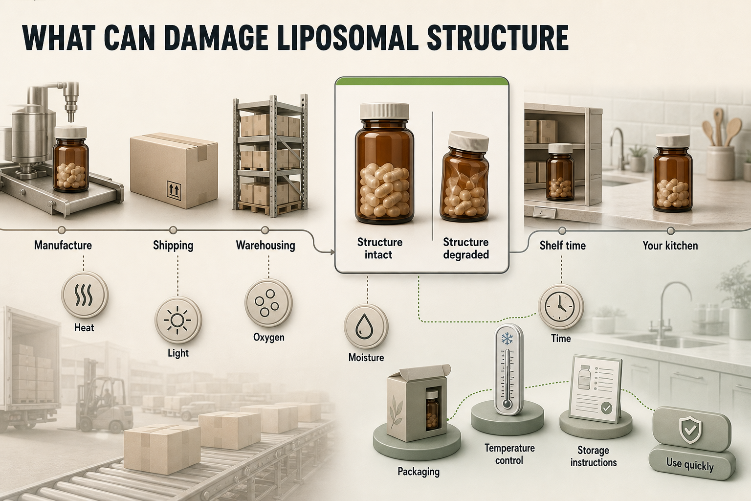 Linear process-flow infographic showing a bottle moving from manufacture to kitchen, with hazard icons for heat, light, oxygen, moisture, and time.