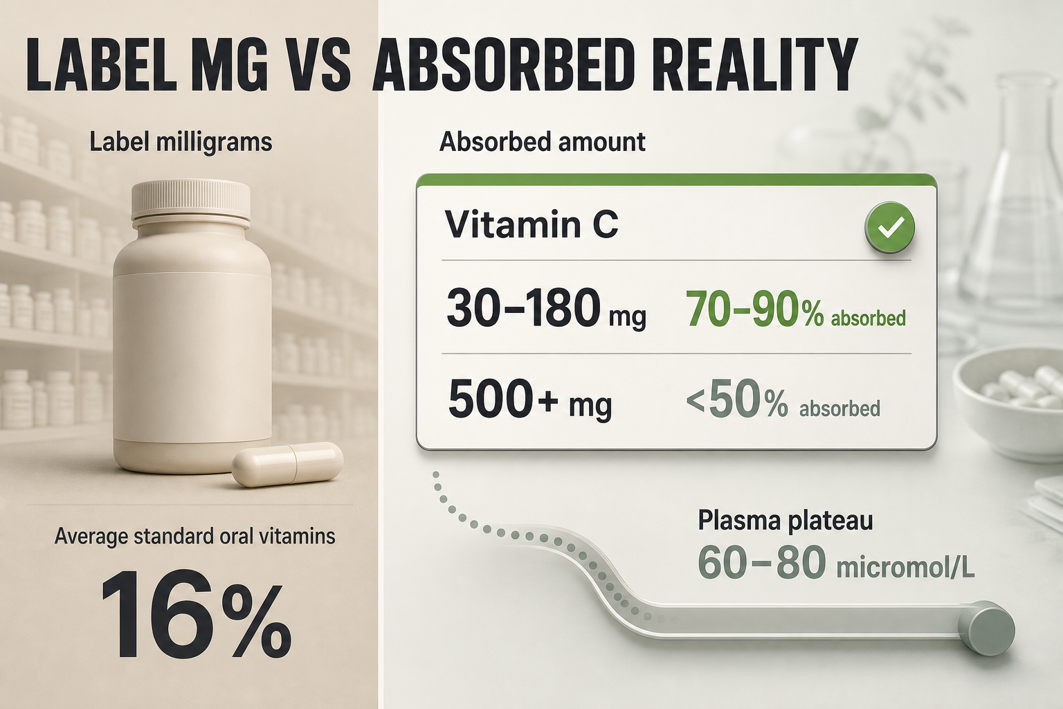 Two-column infographic with label versus absorbed comparison and a vitamin C dose panel showing absorption percentages and plasma plateau values.