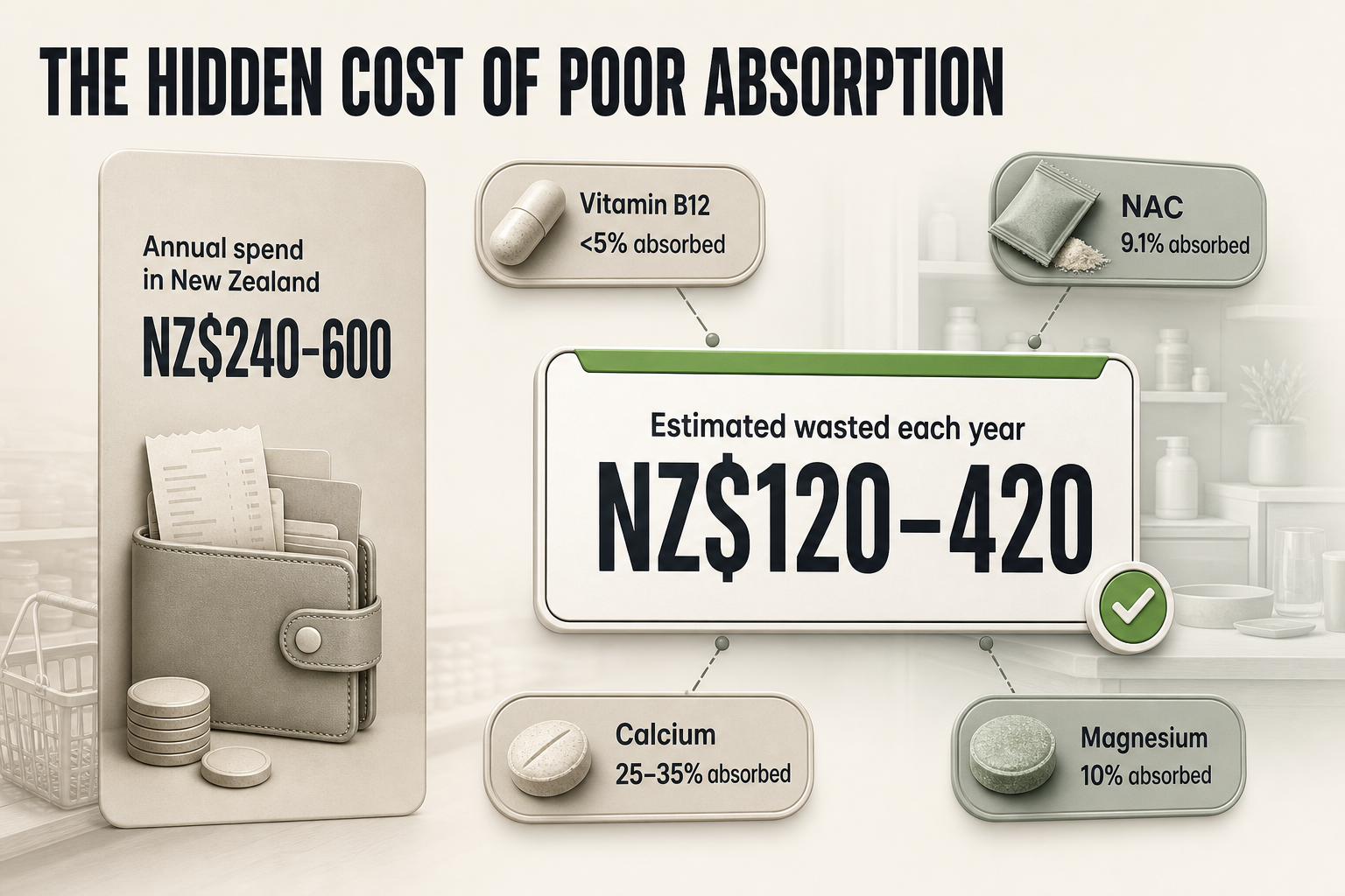Badge-style infographic showing four supplement absorption rates and two New Zealand annual spend figures in separate rounded stat panels.