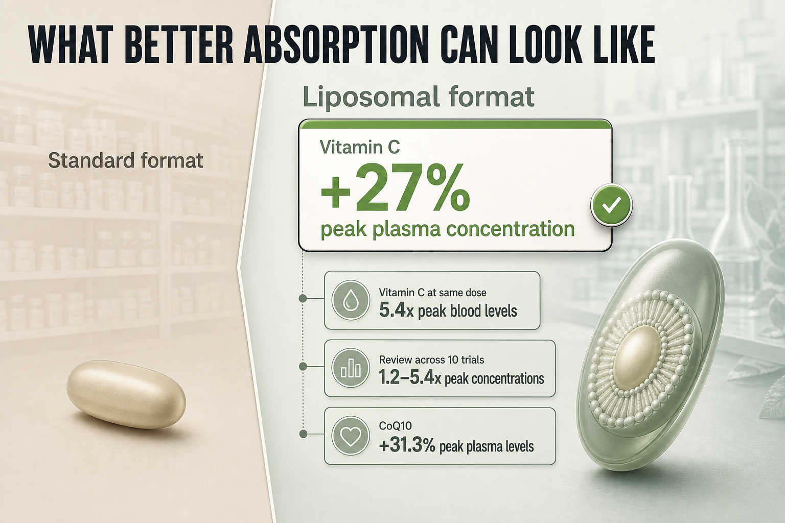 Two-column comparison infographic with standard and liposomal format panels, plus four trial result callouts for vitamin C and CoQ10.