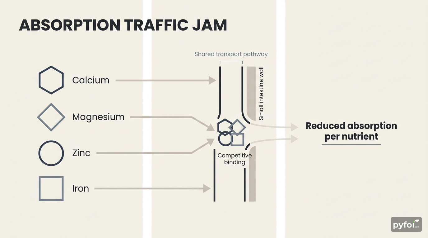How Supplements Compete for Absorption Process-flow infographic showing four minerals competing for the same intestinal transport pathway, illustrating supplement absorption conflict