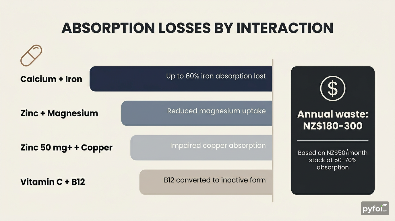 Supplement Interaction Absorption Losses Data-bar infographic displaying percentage absorption losses from common supplement interactions including calcium-iron and zinc-magnesium conflicts