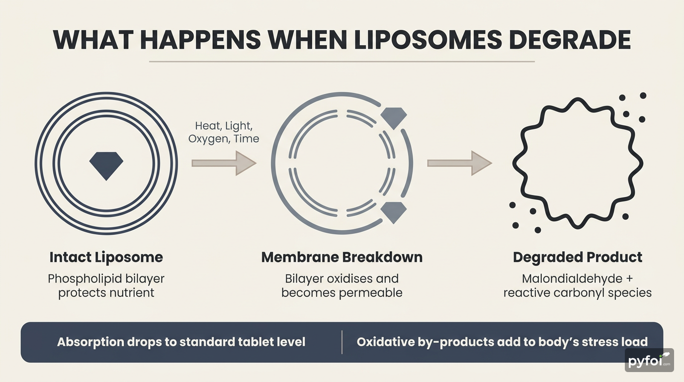 Process flow infographic showing three stages of liposomal degradation from intact phospholipid bilayer through membrane breakdown to oxidative by-product formation