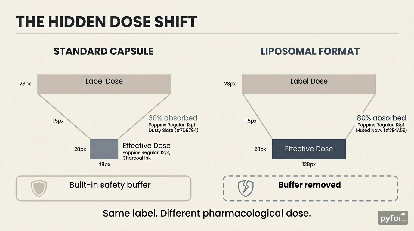Side-by-side comparison infographic showing standard capsule at 30 percent absorption versus liposomal format at 80 percent absorption, highlighting the removed safety buffer