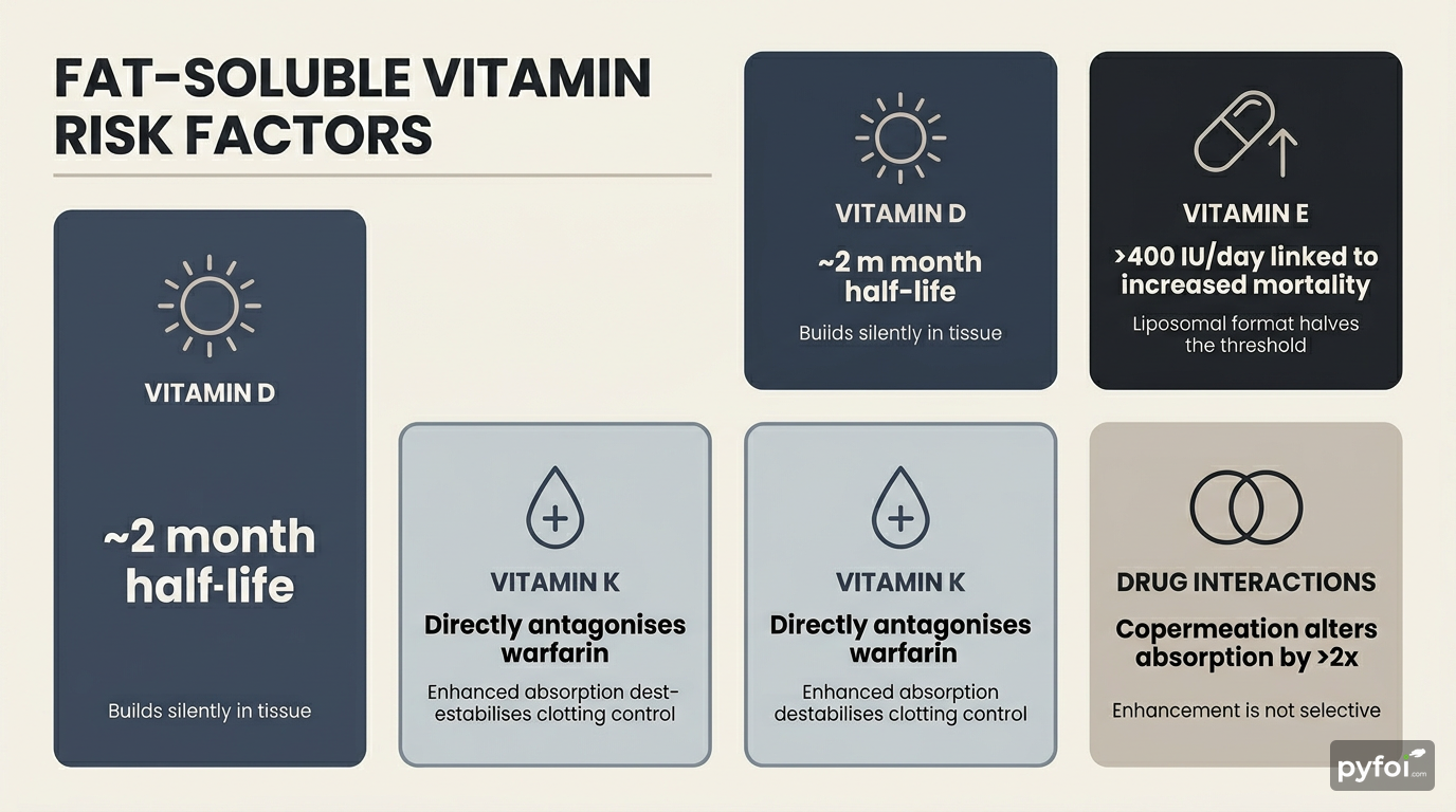 Four data cards showing fat-soluble vitamin risk factors including vitamin D half-life, vitamin E mortality threshold, vitamin K warfarin interaction, and drug copermeation effects