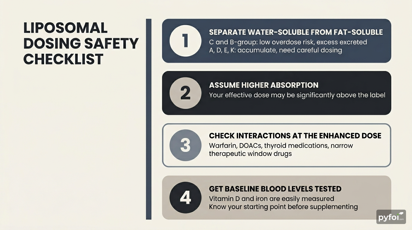 Four-step checklist infographic for safe liposomal supplement dosing covering vitamin solubility, absorption assumptions, medication interactions, and blood level testing