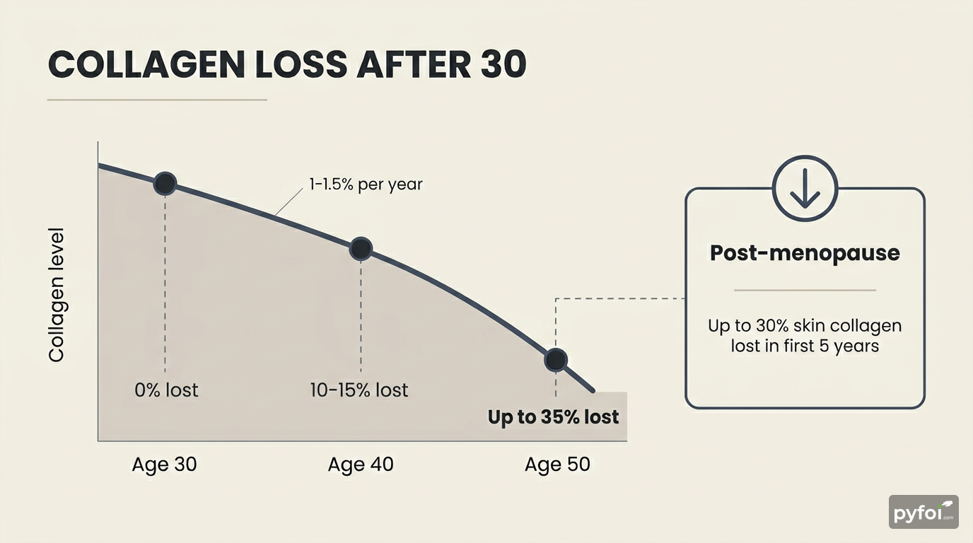 Timeline chart showing cumulative collagen loss from age 30 to 50, with a highlighted callout for accelerated post-menopausal decline