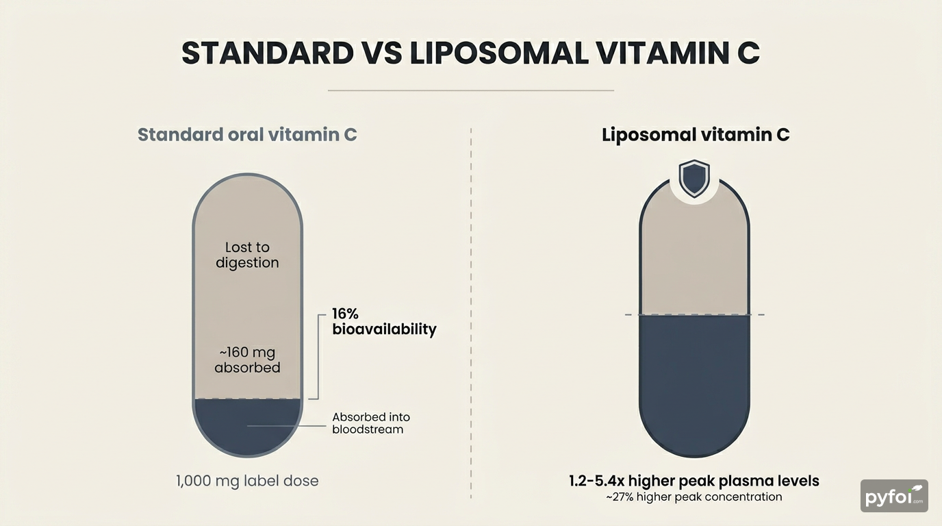 Split comparison infographic showing standard vitamin C at 16% absorption versus liposomal vitamin C achieving 1.2 to 5.4 times higher plasma levels