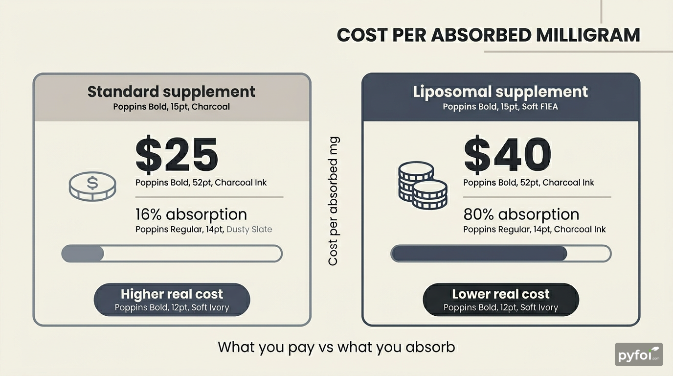 Side-by-side cost comparison showing a $25 supplement at 16% absorption versus a $40 supplement at 80% absorption, with cost per absorbed milligram highlighted