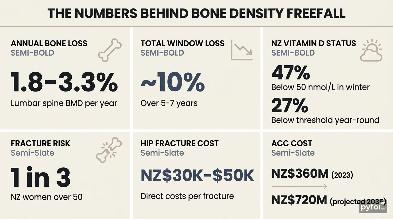 NZ Bone Density Loss and Fracture Cost Data Vertical bar chart showing postmenopausal bone density loss rates, NZ vitamin D insufficiency prevalence, and hip fracture costs in New Zealand dollars