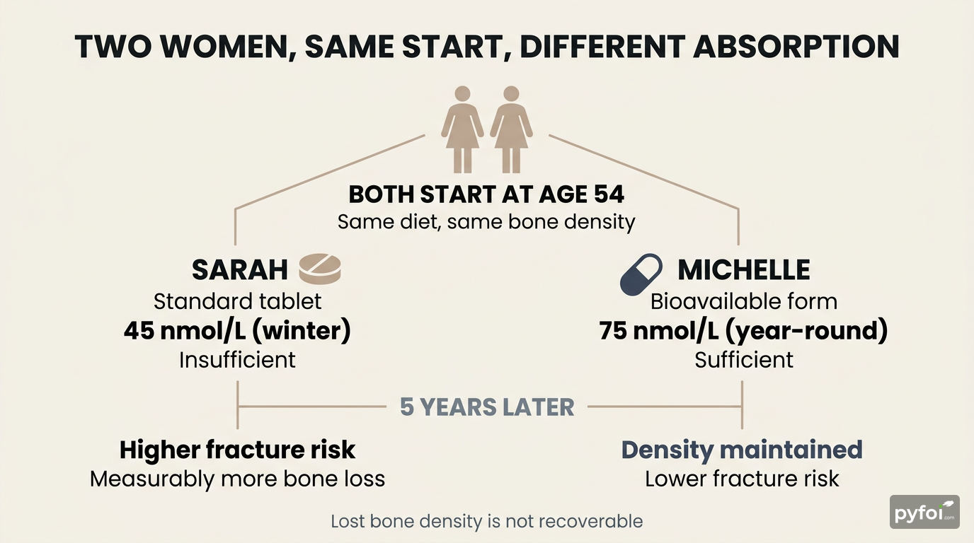 Absorption Comparison: Two Paths Through Menopause Split comparison infographic showing two women aged 54 with different vitamin D absorption levels and their diverging bone density outcomes after five years