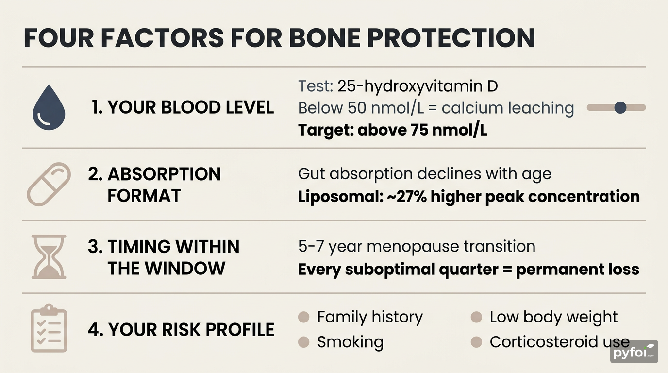 Four-Factor Bone Protection Checklist Four-panel checklist infographic showing blood level targets, supplement absorption format, menopause timing window, and personal risk factors for bone protection