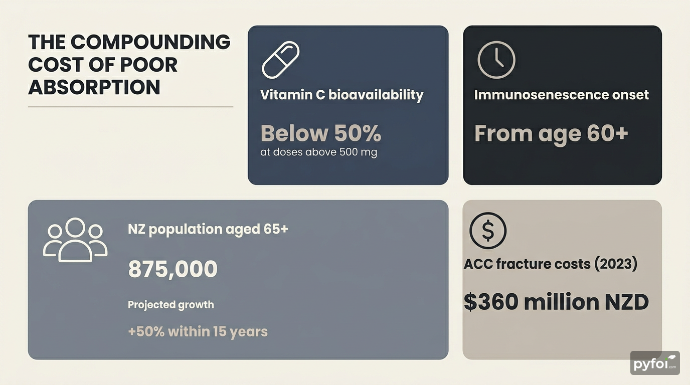 Four-panel infographic showing vitamin C absorption below 50 percent, immunosenescence from age 60, 875,000 New Zealanders over 65, and $360 million NZD in ACC fracture costs