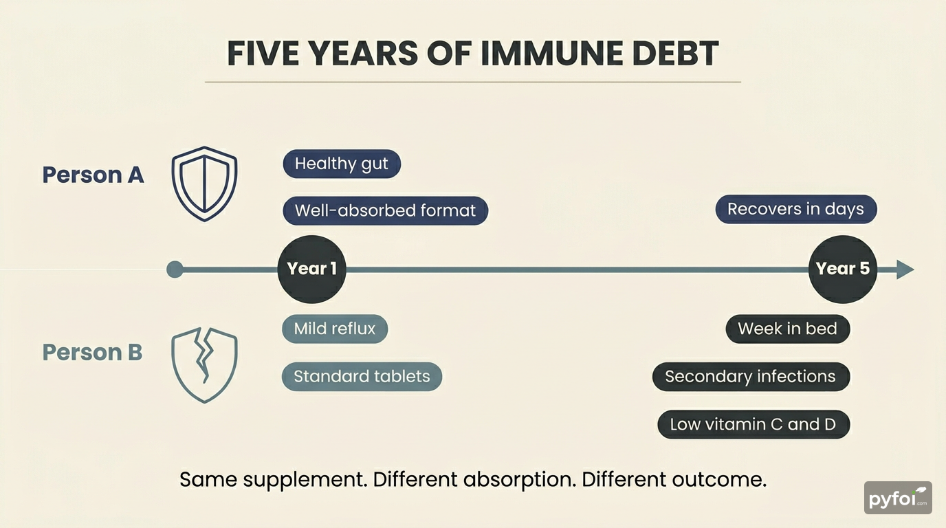 Split timeline comparing two people over five years, one with good nutrient absorption recovering quickly and one with poor absorption declining into prolonged illness