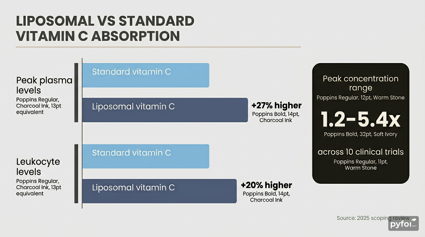 Bar chart comparing standard and liposomal vitamin C showing 27 percent higher peak plasma levels and 1.2 to 5.4 times higher peak concentrations for liposomal format