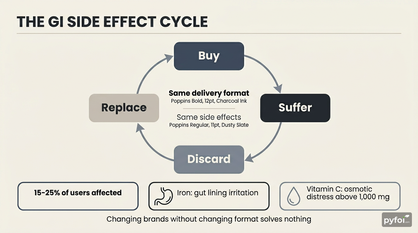 Circular flow diagram showing a four-stage repeating cycle of buy, suffer GI side effects, discard, and replace, with callouts for iron gut irritation and vitamin C osmotic distress