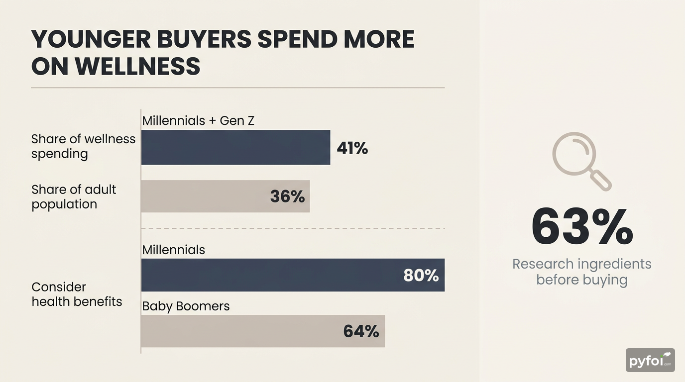 Bar chart comparing millennial and Gen Z wellness spending share at 41 percent against their 36 percent population share, with health consideration rates by generation