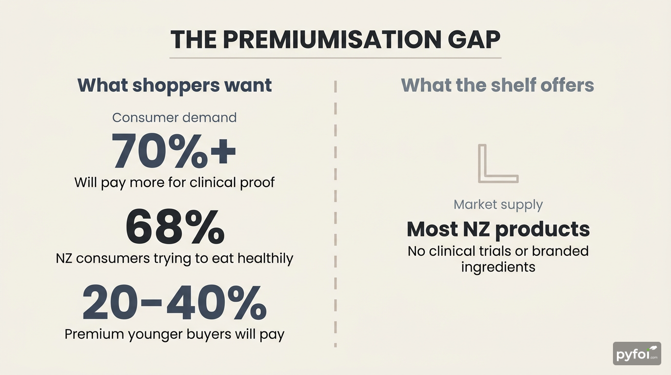 Split comparison infographic showing consumer willingness to pay premiums for clinical proof on the left versus the lack of clinically backed products on NZ shelves on the right