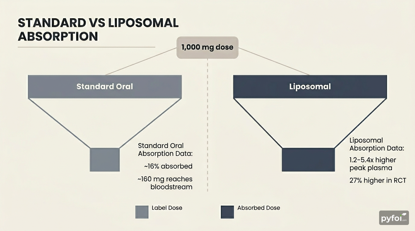 Side-by-side comparison infographic showing standard oral supplement absorption at 16% versus liposomal delivery at 1.2 to 5.4 times higher plasma concentration