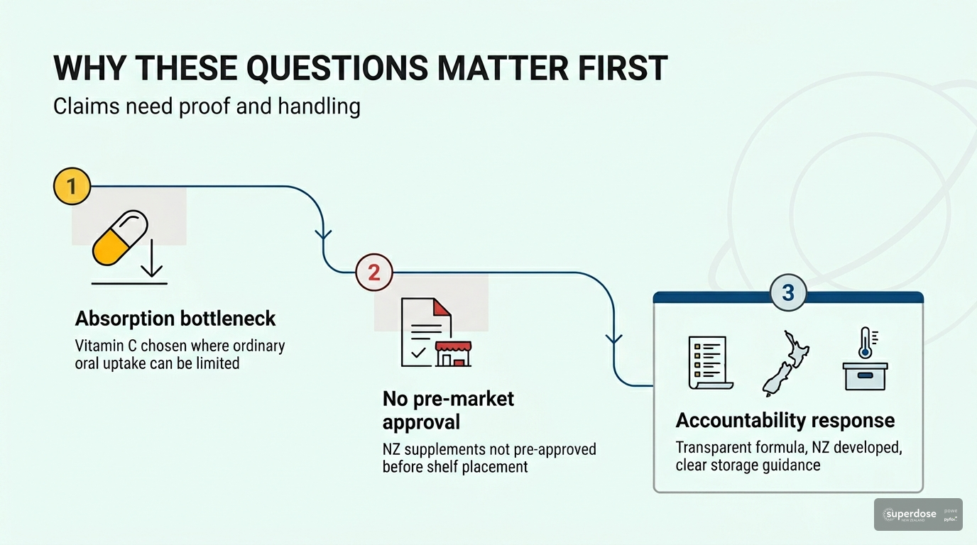 Three-step infographic showing why Superdose built around liposomal buyer questions, from absorption limits to New Zealand regulatory context and accountability measures