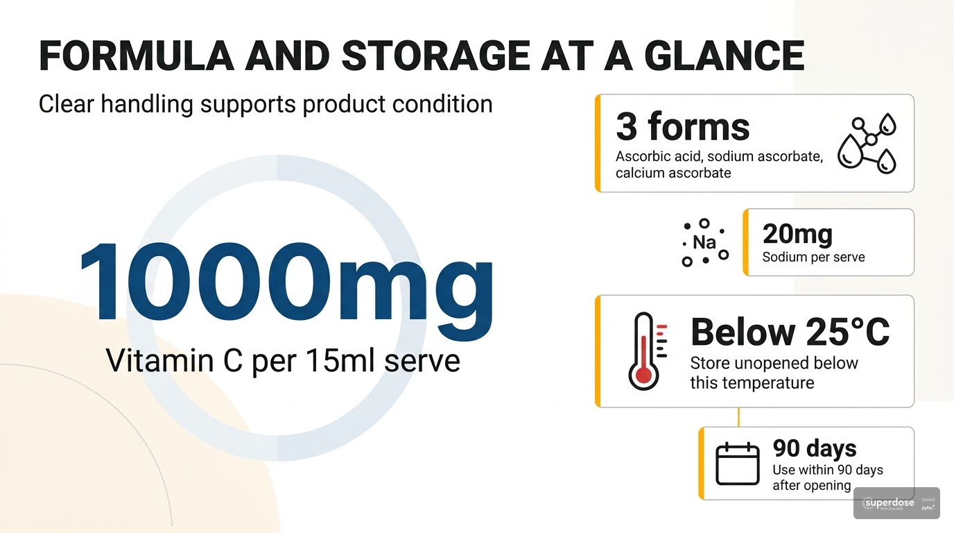 Data cluster infographic showing Superdose vitamin C serving size, vitamin C amount, three disclosed forms, sodium content, and storage instructions