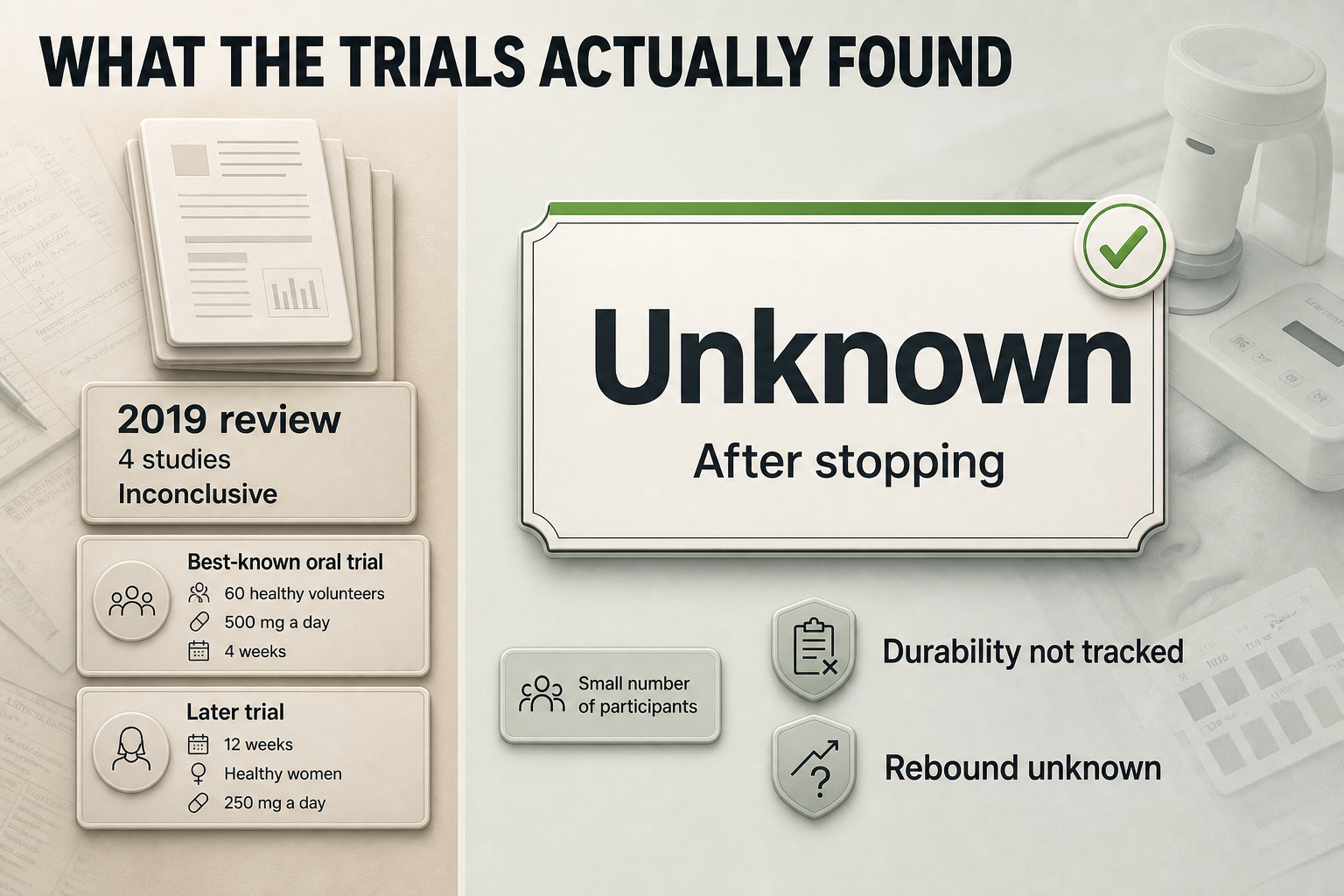 Glutathione trial evidence at a glance Three-column infographic with study cards showing review size, trial doses, durations, participant counts, and an unknown after-stopping panel