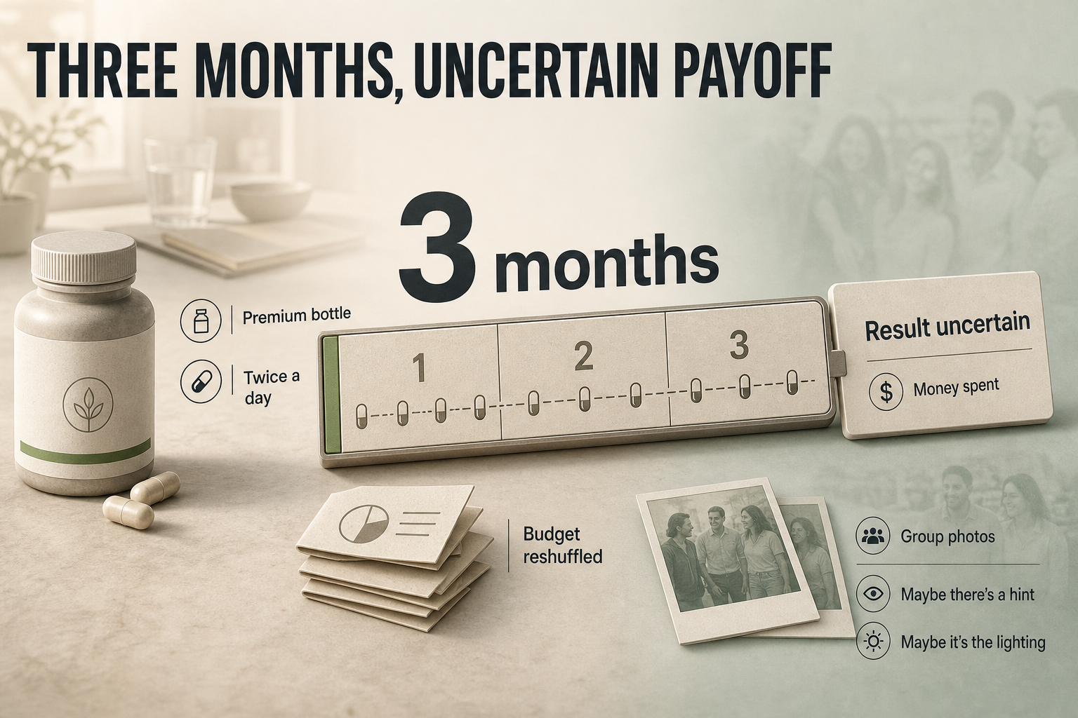 Three-month supplement cost reality Editorial cost infographic with a three-month timeline, supplement bottle icon, daily dose markers, budget blocks, and a muted photo comparison card