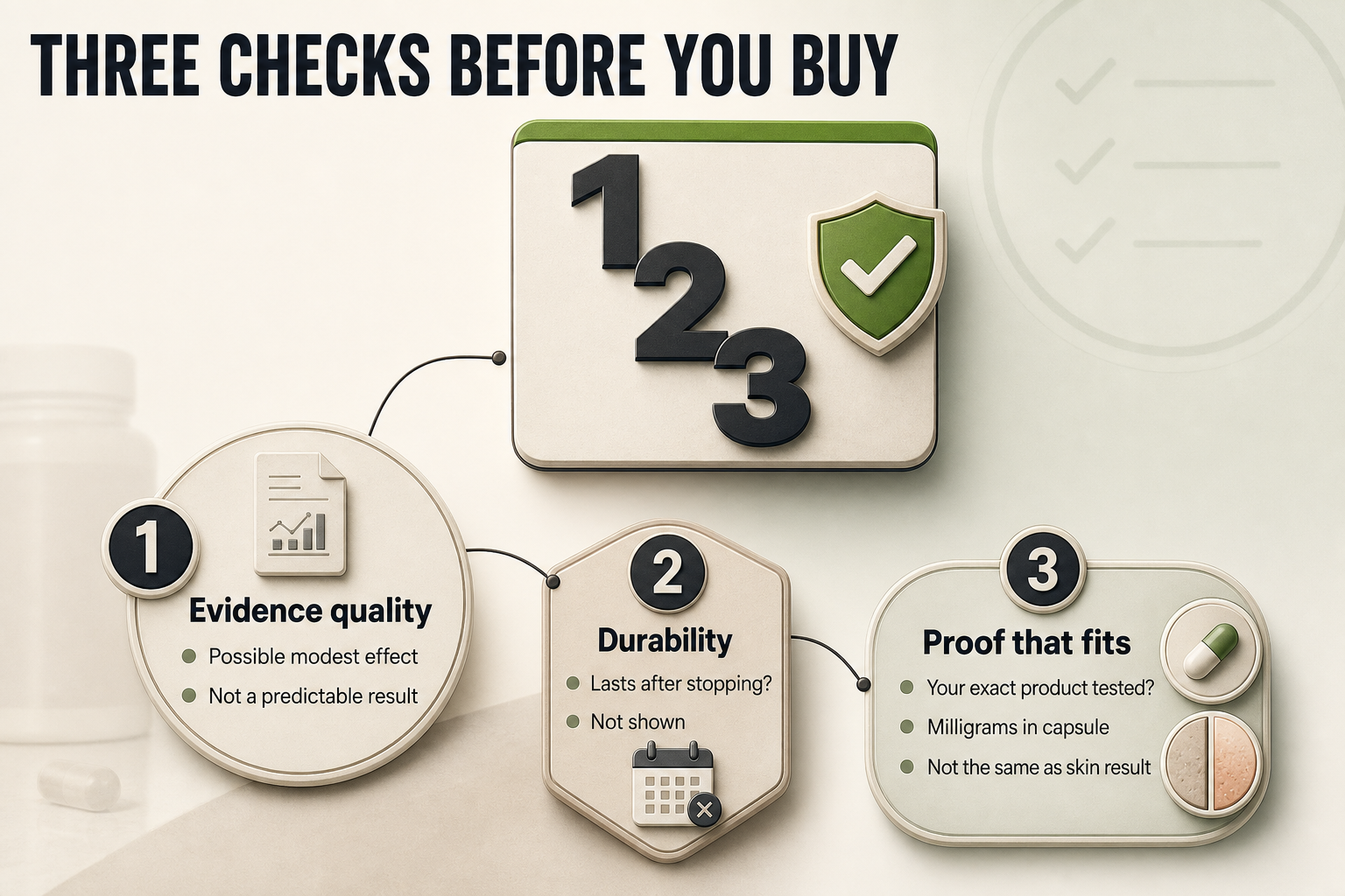 Three buying checks that matter Three circular badge infographic with numbered checks for evidence quality, durability, and product proof, linked by a thin flow line