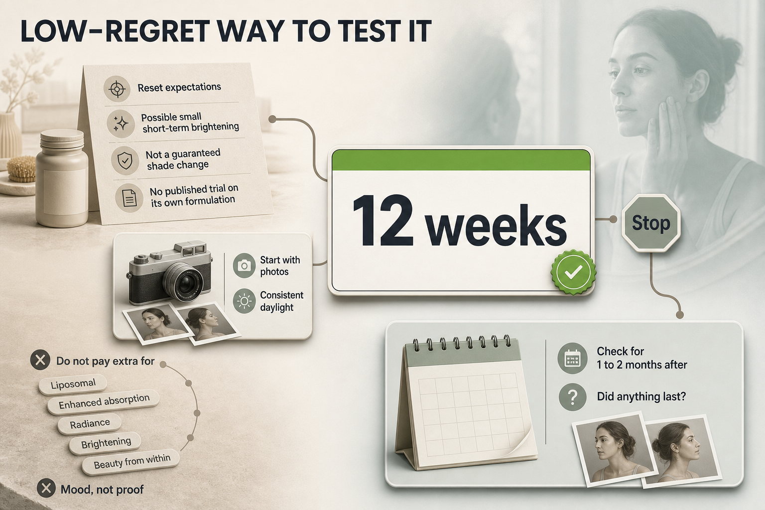 How to test glutathione sensibly Step-by-step flow infographic with expectation reset, baseline photos, 12-week test, stop point, follow-up check, and marketing claim callouts