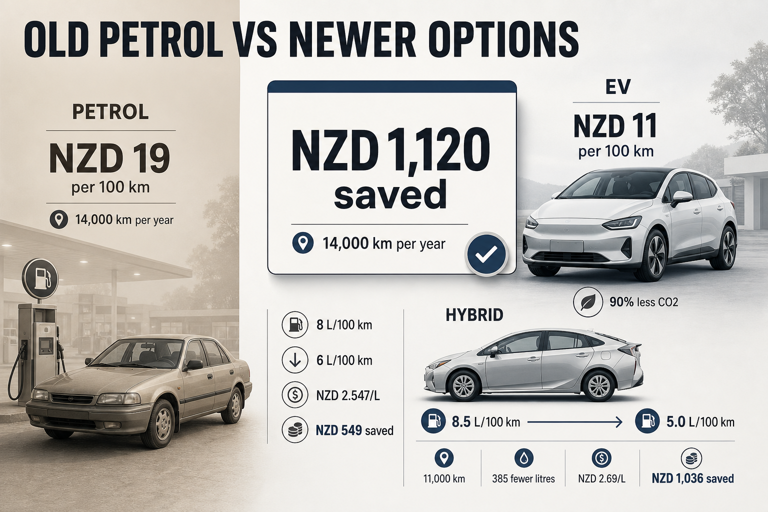 Three-column infographic with petrol, hybrid, and EV cost figures, savings badges, fuel use labels, and a small emissions comparison marker