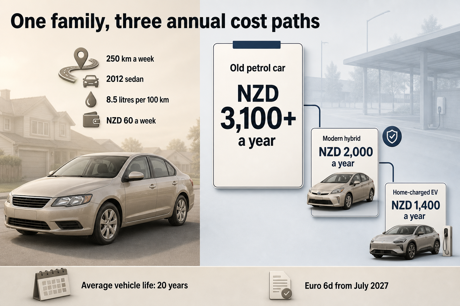 Split-view household driving infographic showing a weekly travel figure, an older sedan, and three annual cost cards for petrol, hybrid, and EV