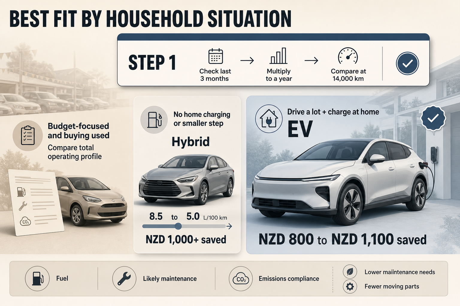 Three-column decision infographic with a first-step cost check and separate household paths for EV, hybrid, and used-car buyers