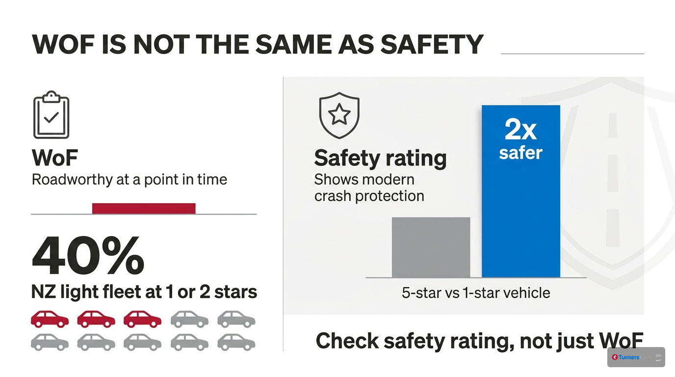 Infographic comparing WoF status with vehicle safety ratings, showing that 40 percent of New Zealand's light fleet is rated 1 or 2 stars and that 5-star vehicles are twice as safe as 1-star vehicles.