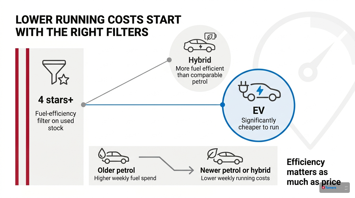 Data cluster infographic showing fuel-efficiency options in the used car market, including 4-star-plus fuel-efficiency filters, hybrids being more efficient than petrol cars, and EVs being cheaper to run.