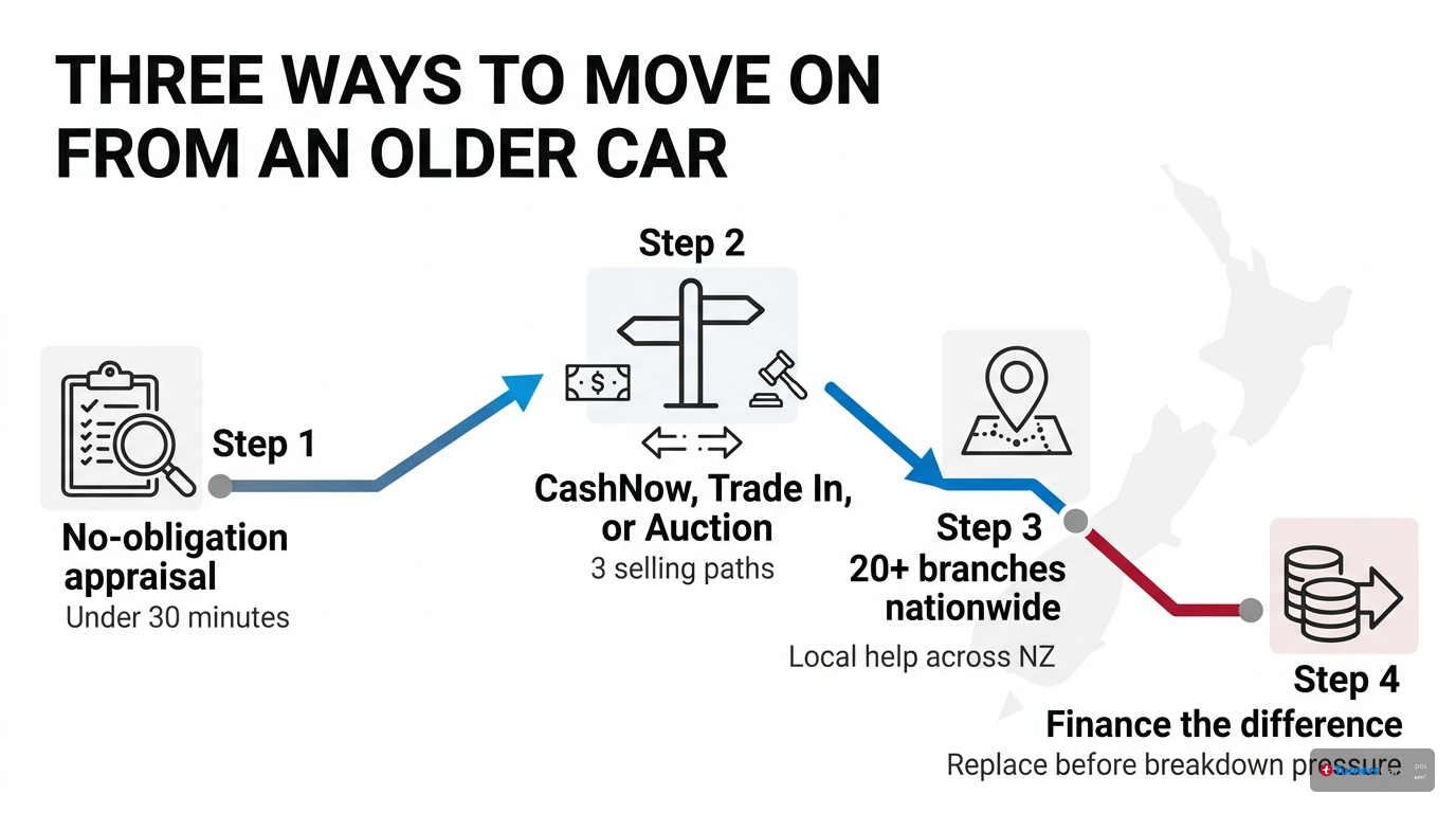 Process flow infographic showing the Turners selling path for older cars, from a no-obligation appraisal in under 30 minutes to choosing CashNow, Trade In, or Auction across more than 20 branches nationwide.