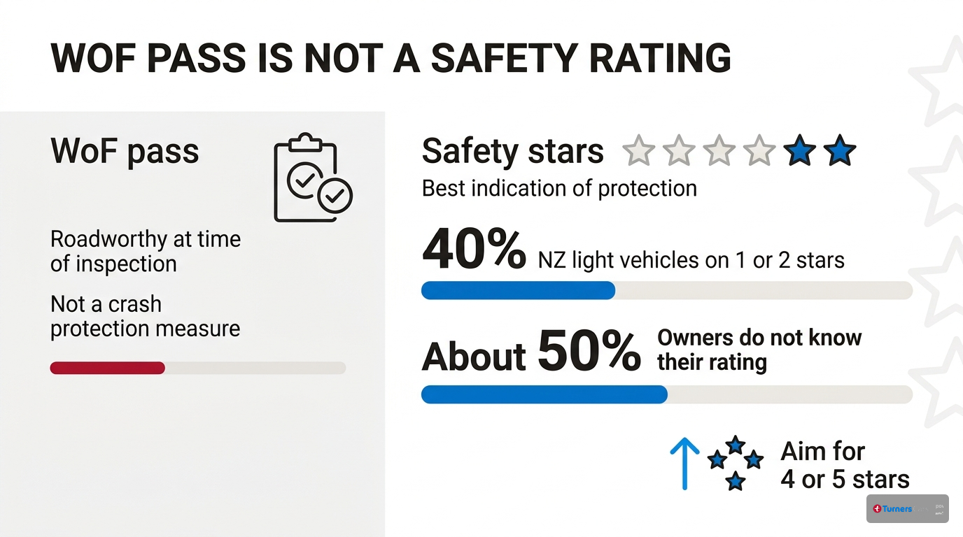 Infographic comparing a WoF pass with vehicle safety star ratings, showing that 40 percent of New Zealand light vehicles are only 1 or 2 stars and about half of owners do not know their rating.