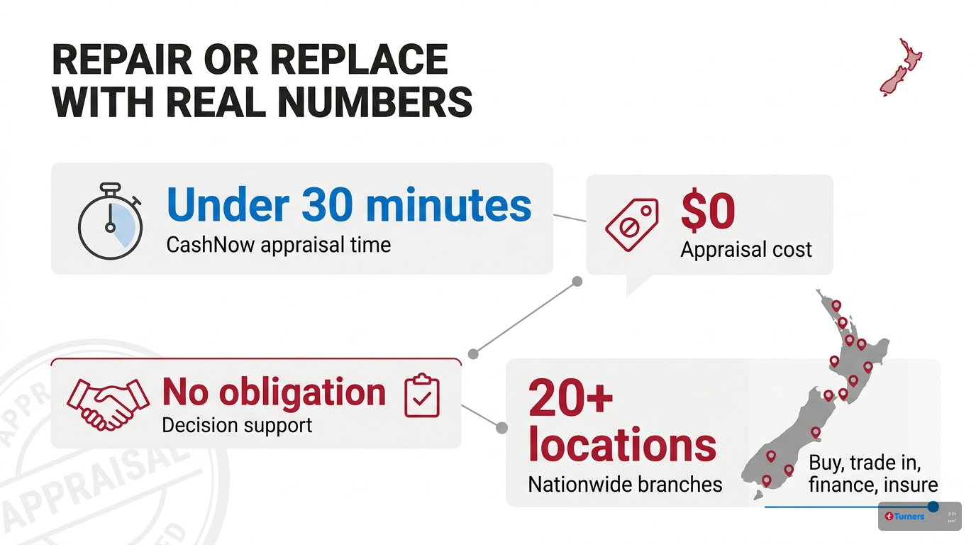 Data cluster infographic showing Turners CashNow appraisal in under 30 minutes, zero cost, no obligation, and support across more than 20 nationwide locations.