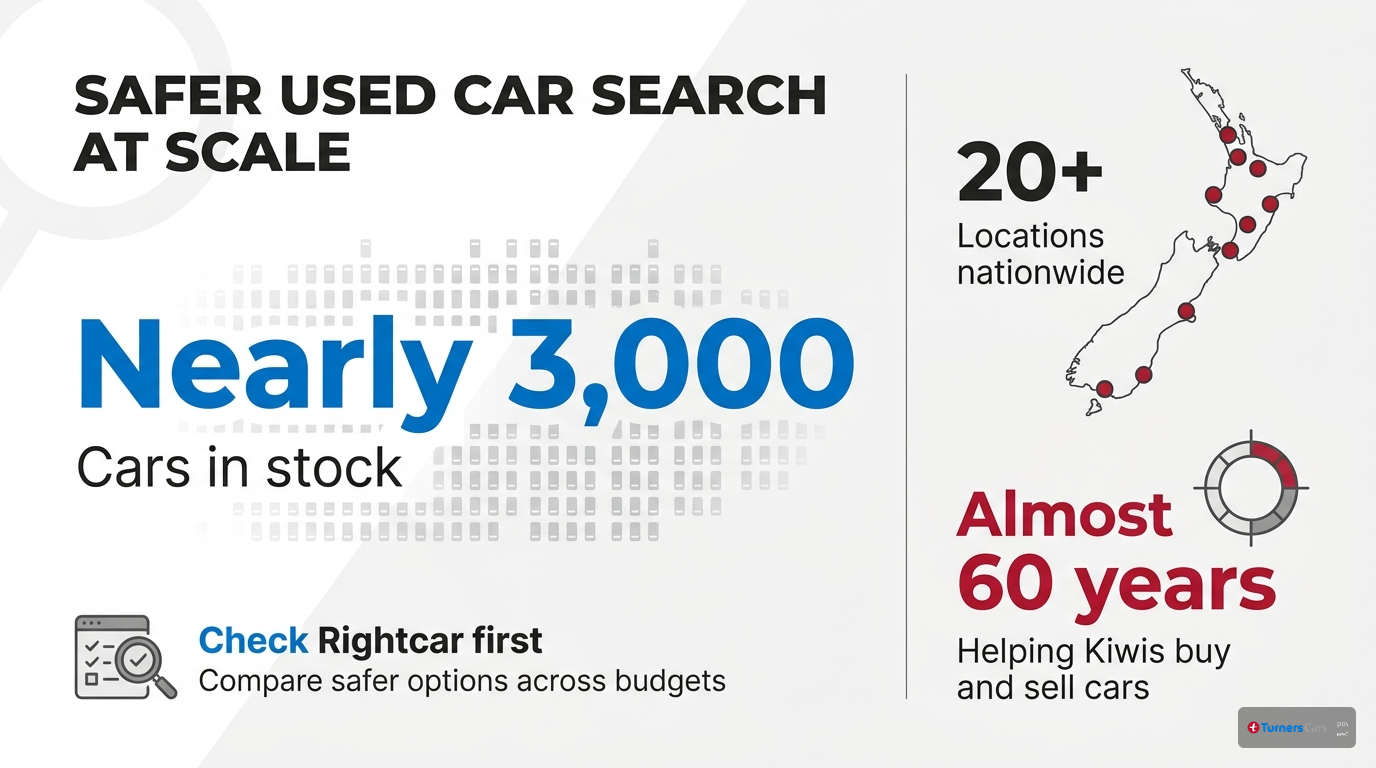 Stat hero infographic highlighting Turners scale with nearly 3000 cars in stock, more than 20 locations nationwide, and almost 60 years helping Kiwis buy and sell cars.