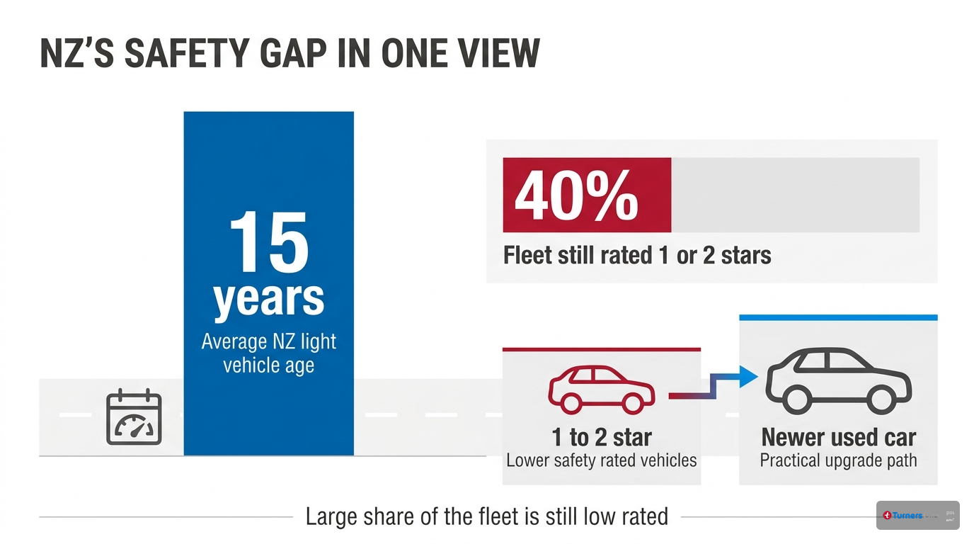 NZ fleet age and low safety rating comparison Infographic comparing New Zealand's average vehicle age of 15 years with the 40 percent share of 1-star and 2-star vehicles in the fleet
