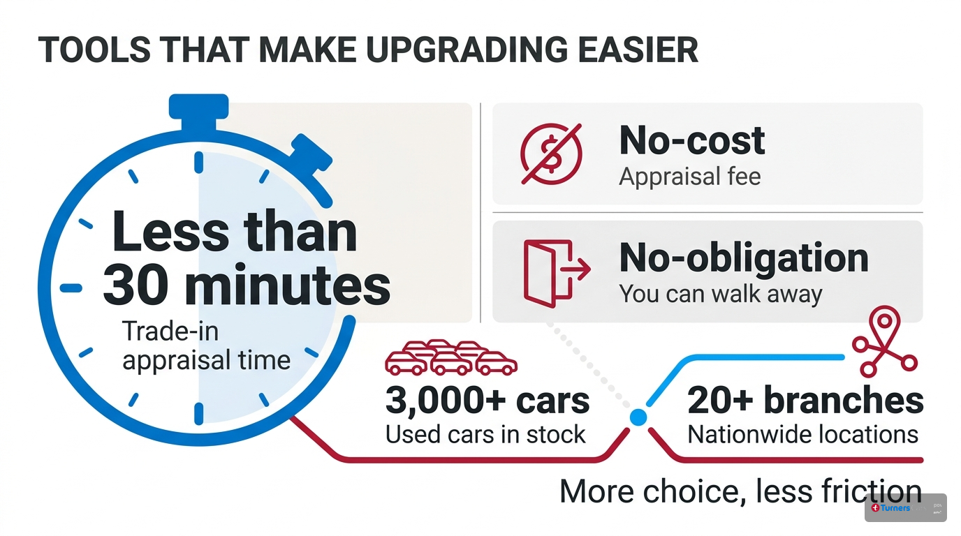 Turners upgrade support at a glance Infographic showing Turners trade-in and stock scale with less than 30 minute appraisals, no-cost no-obligation service, more than 3000 cars, and over 20 branches
